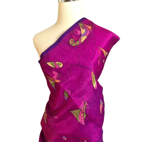 Silk Saree Sari Scarf Purple Fuchsia Orange Green Geometric Bollywood - Picture 1 of 5